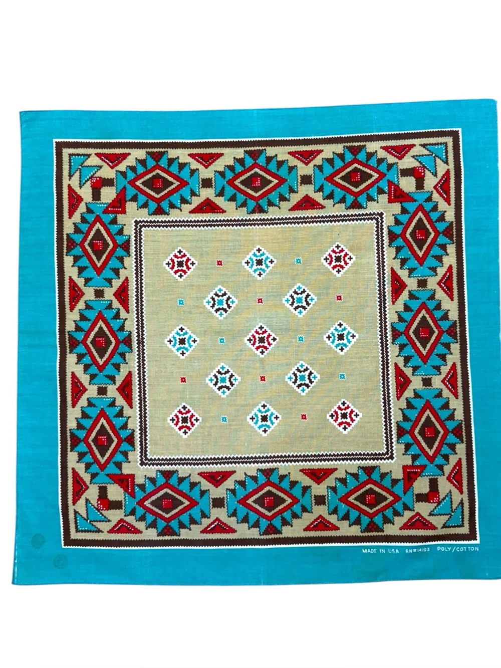 Vintage Southwestern Western Bandana Scarf Turquoise Red USA 21x20.5